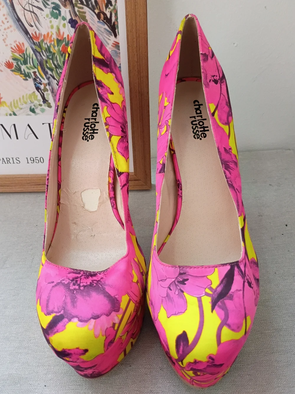 Charlotte Russe Hot Pink and Yellow Floral Platform Heels